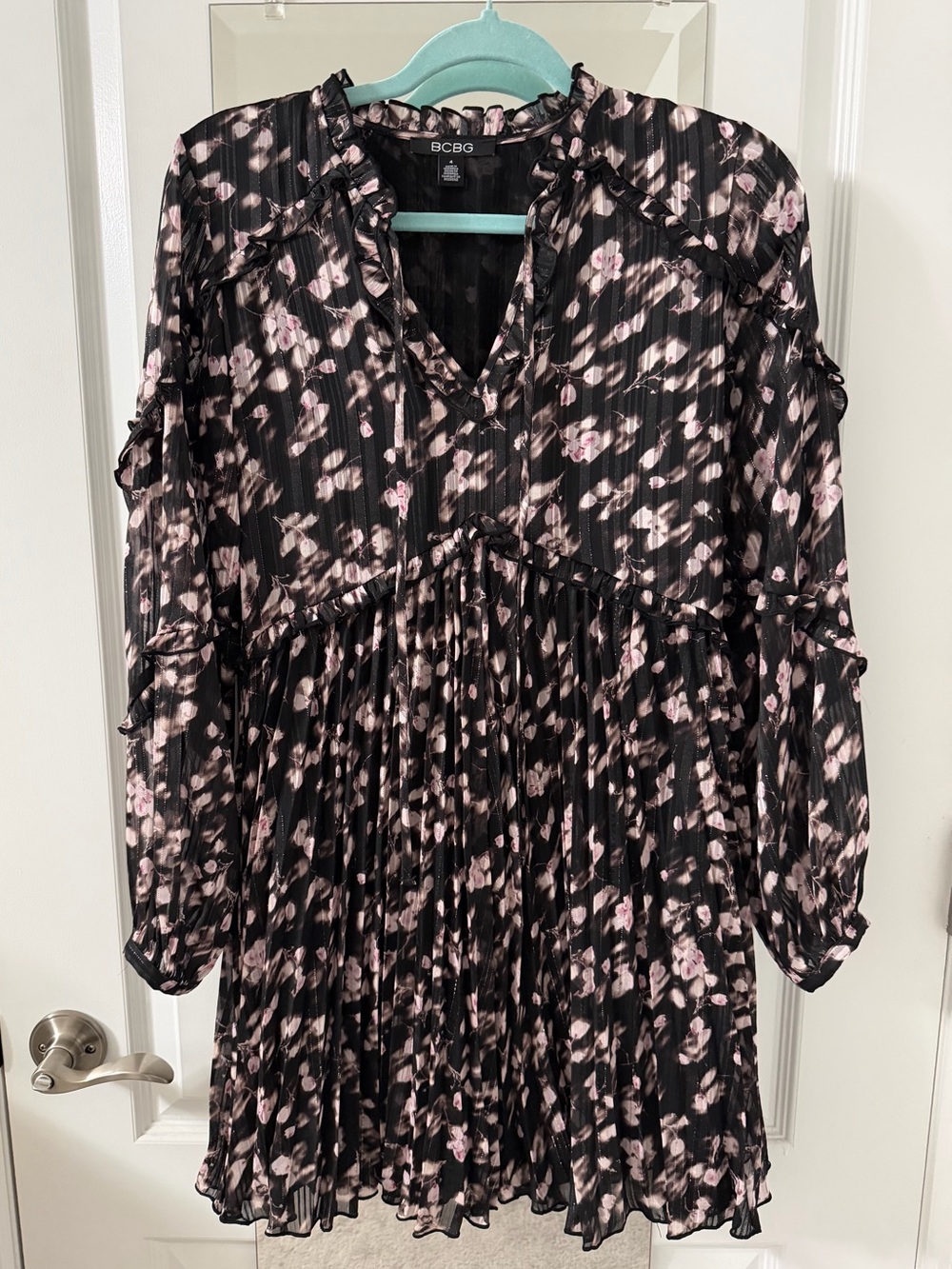 BCBG Long Sleeve Crinkle Empire Waist Dress
